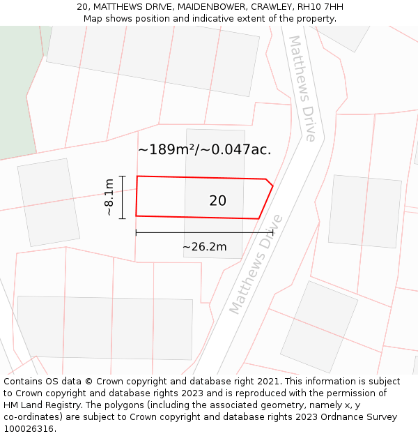 20, MATTHEWS DRIVE, MAIDENBOWER, CRAWLEY, RH10 7HH: Plot and title map
