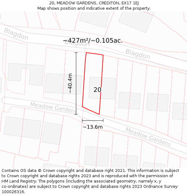 20, MEADOW GARDENS, CREDITON, EX17 1EJ: Plot and title map
