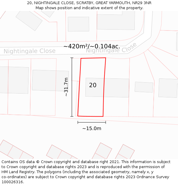 20, NIGHTINGALE CLOSE, SCRATBY, GREAT YARMOUTH, NR29 3NR: Plot and title map