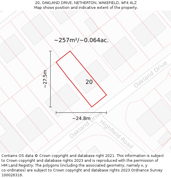 20, OAKLAND DRIVE, NETHERTON, WAKEFIELD, WF4 4LZ: Plot and title map