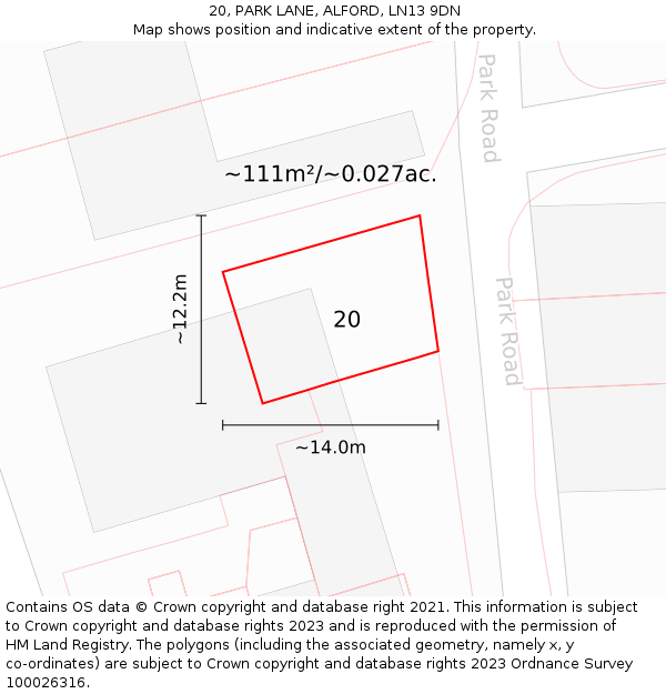 20, PARK LANE, ALFORD, LN13 9DN: Plot and title map