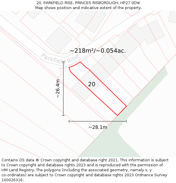 20, PARKFIELD RISE, PRINCES RISBOROUGH, HP27 0DW: Plot and title map