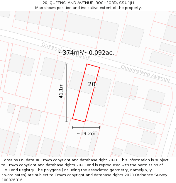 20, QUEENSLAND AVENUE, ROCHFORD, SS4 1JH: Plot and title map