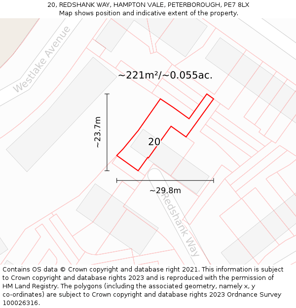 20, REDSHANK WAY, HAMPTON VALE, PETERBOROUGH, PE7 8LX: Plot and title map