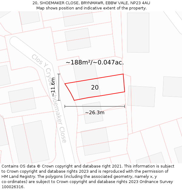 20, SHOEMAKER CLOSE, BRYNMAWR, EBBW VALE, NP23 4AU: Plot and title map