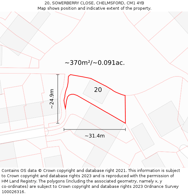 20, SOWERBERRY CLOSE, CHELMSFORD, CM1 4YB: Plot and title map