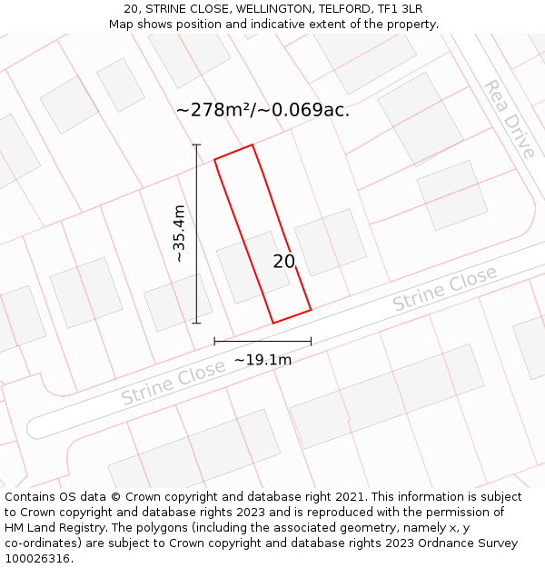 20, STRINE CLOSE, WELLINGTON, TELFORD, TF1 3LR: Plot and title map