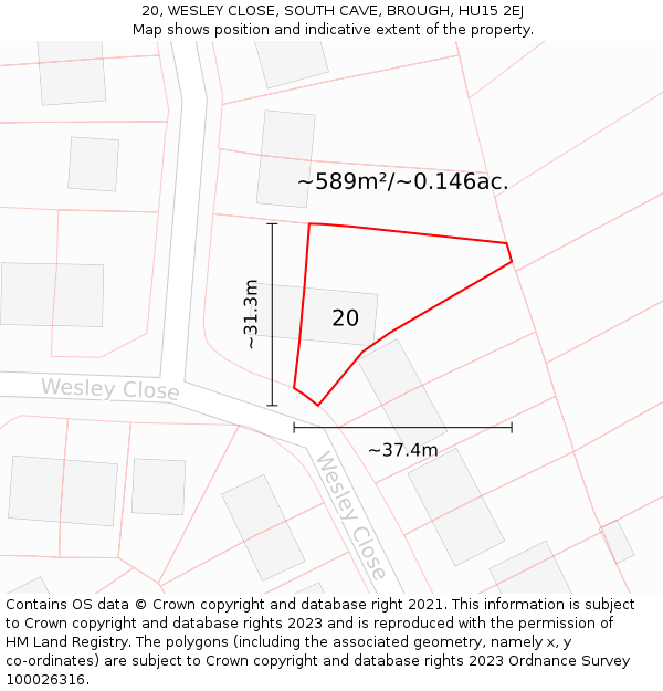 20, WESLEY CLOSE, SOUTH CAVE, BROUGH, HU15 2EJ: Plot and title map