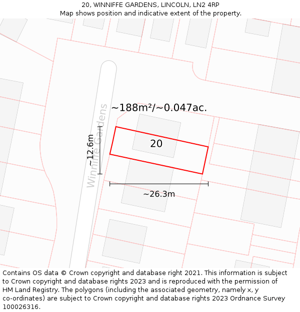 20, WINNIFFE GARDENS, LINCOLN, LN2 4RP: Plot and title map