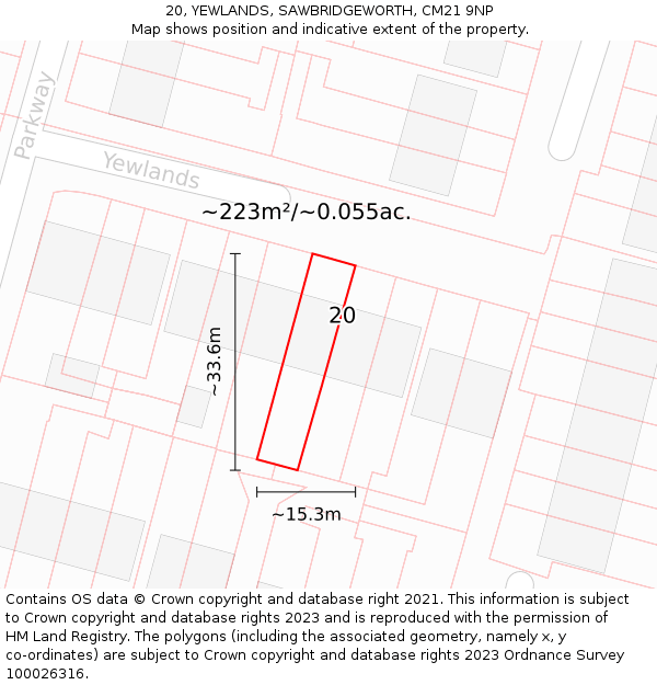 20, YEWLANDS, SAWBRIDGEWORTH, CM21 9NP: Plot and title map