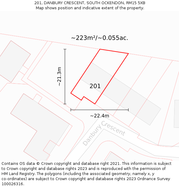 201, DANBURY CRESCENT, SOUTH OCKENDON, RM15 5XB: Plot and title map