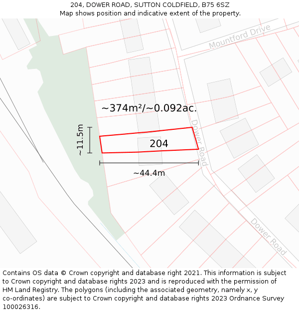 204, DOWER ROAD, SUTTON COLDFIELD, B75 6SZ: Plot and title map