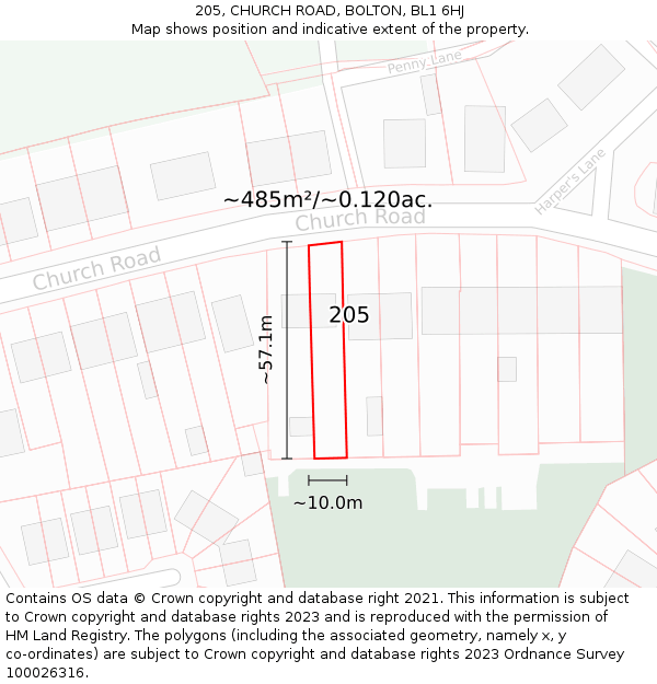 205, CHURCH ROAD, BOLTON, BL1 6HJ: Plot and title map