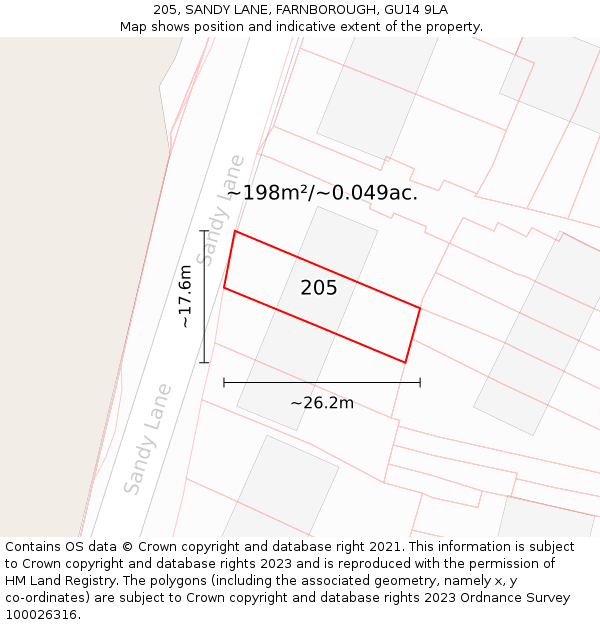 205, SANDY LANE, FARNBOROUGH, GU14 9LA: Plot and title map