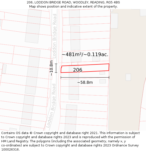 206, LODDON BRIDGE ROAD, WOODLEY, READING, RG5 4BS: Plot and title map