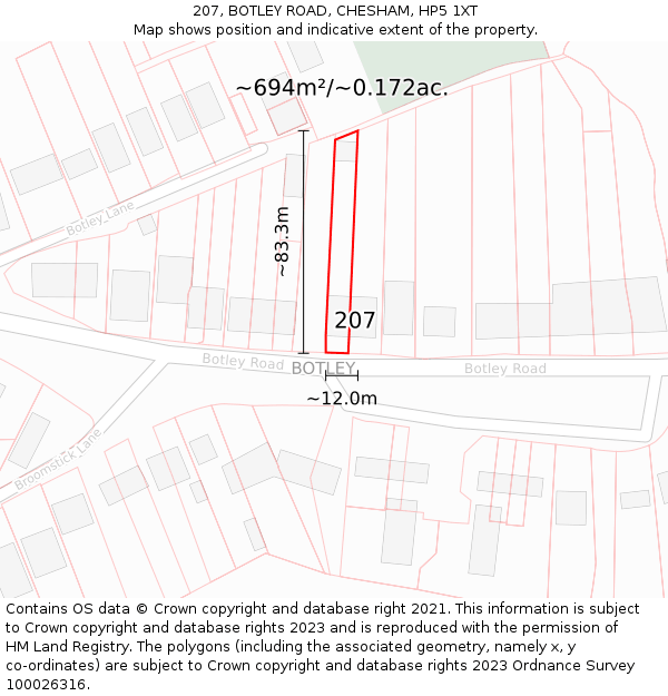 207, BOTLEY ROAD, CHESHAM, HP5 1XT: Plot and title map