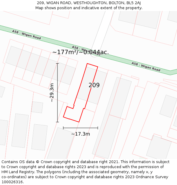 209, WIGAN ROAD, WESTHOUGHTON, BOLTON, BL5 2AJ: Plot and title map