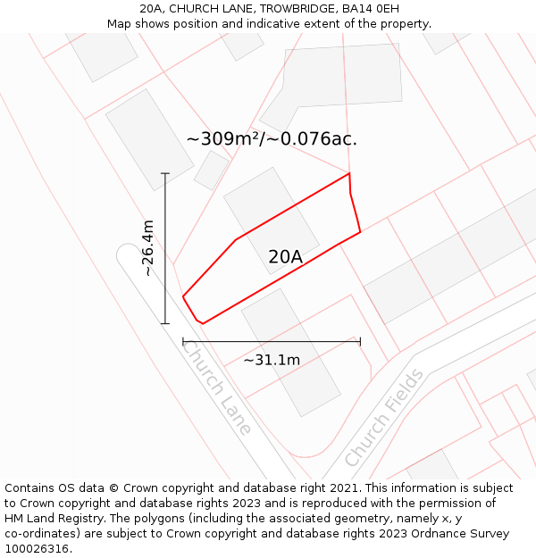 20A, CHURCH LANE, TROWBRIDGE, BA14 0EH: Plot and title map