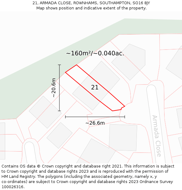 21, ARMADA CLOSE, ROWNHAMS, SOUTHAMPTON, SO16 8JY: Plot and title map