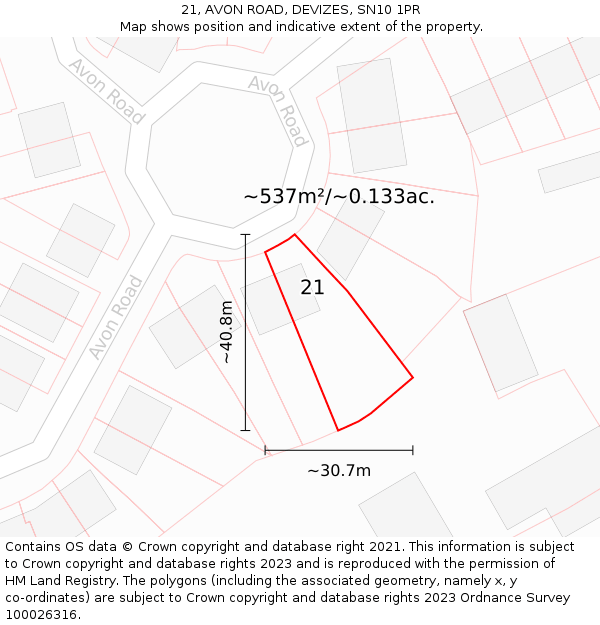 21, AVON ROAD, DEVIZES, SN10 1PR: Plot and title map