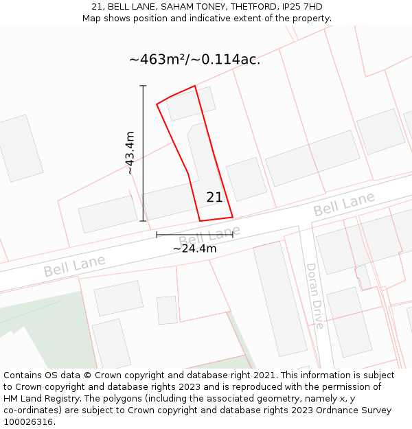 21, BELL LANE, SAHAM TONEY, THETFORD, IP25 7HD: Plot and title map