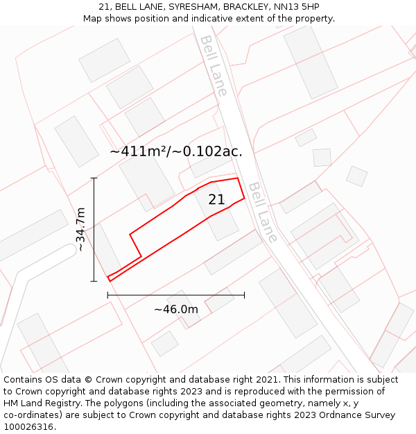 21, BELL LANE, SYRESHAM, BRACKLEY, NN13 5HP: Plot and title map