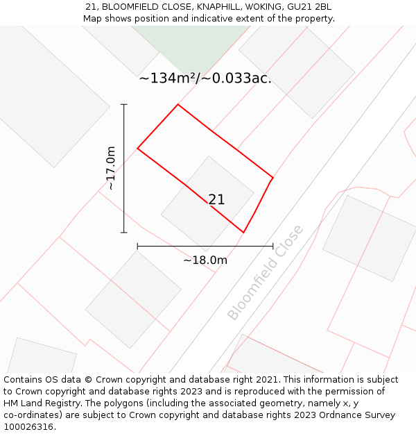 21, BLOOMFIELD CLOSE, KNAPHILL, WOKING, GU21 2BL: Plot and title map