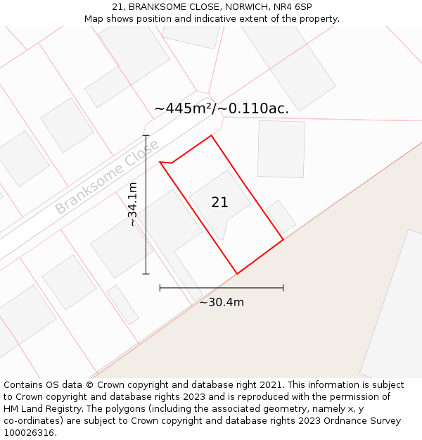 21, BRANKSOME CLOSE, NORWICH, NR4 6SP: Plot and title map
