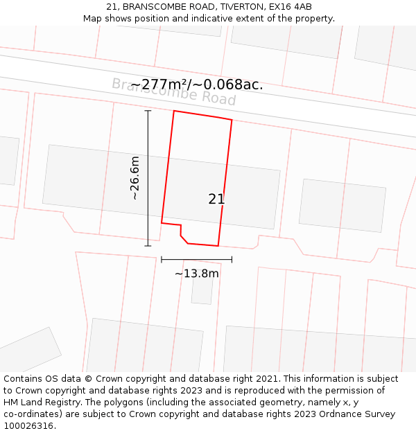 21, BRANSCOMBE ROAD, TIVERTON, EX16 4AB: Plot and title map