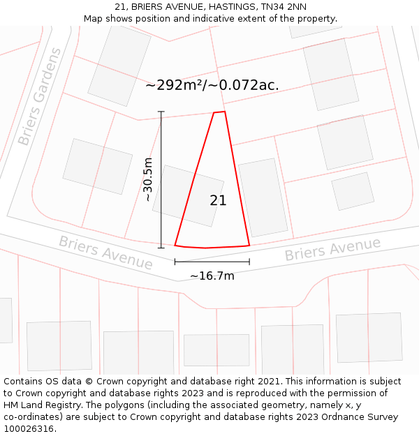 21, BRIERS AVENUE, HASTINGS, TN34 2NN: Plot and title map