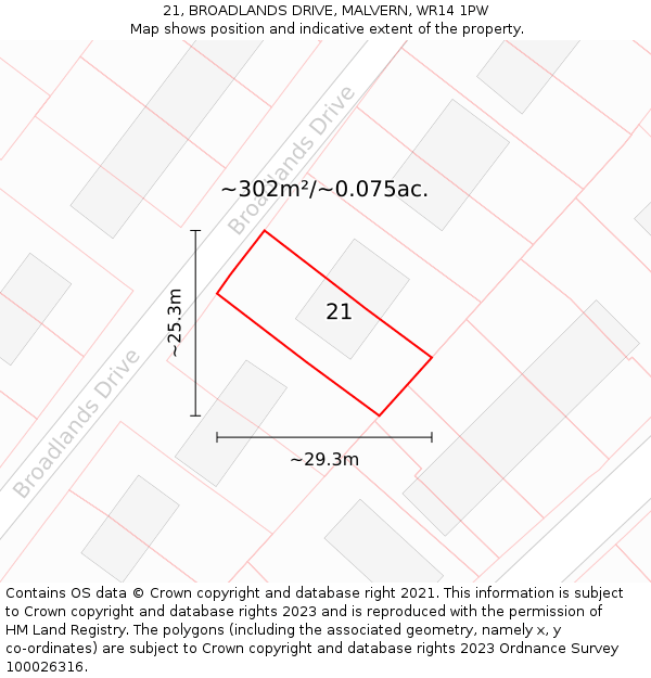 21, BROADLANDS DRIVE, MALVERN, WR14 1PW: Plot and title map