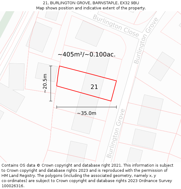 21, BURLINGTON GROVE, BARNSTAPLE, EX32 9BU: Plot and title map