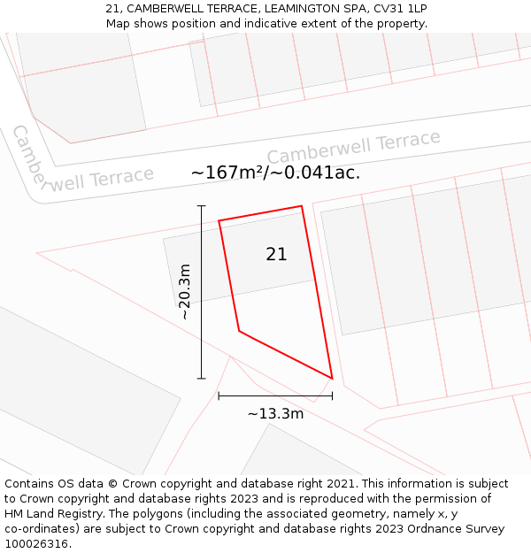 21, CAMBERWELL TERRACE, LEAMINGTON SPA, CV31 1LP: Plot and title map