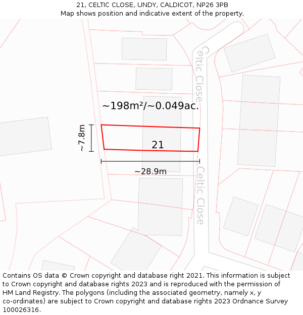 21, CELTIC CLOSE, UNDY, CALDICOT, NP26 3PB: Plot and title map