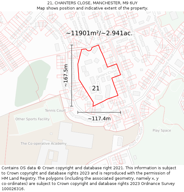 21, CHANTERS CLOSE, MANCHESTER, M9 6UY: Plot and title map