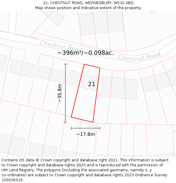 21, CHESTNUT ROAD, WEDNESBURY, WS10 0BQ: Plot and title map