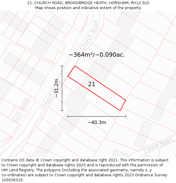 21, CHURCH ROAD, BROADBRIDGE HEATH, HORSHAM, RH12 3LD: Plot and title map