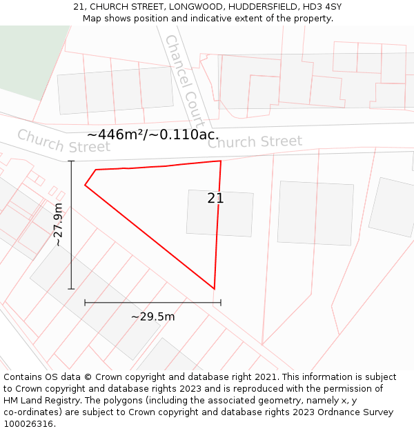 21, CHURCH STREET, LONGWOOD, HUDDERSFIELD, HD3 4SY: Plot and title map