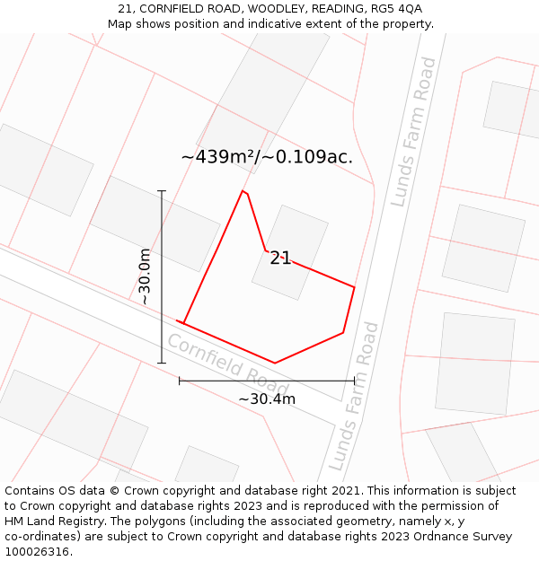 21, CORNFIELD ROAD, WOODLEY, READING, RG5 4QA: Plot and title map