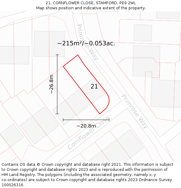 21, CORNFLOWER CLOSE, STAMFORD, PE9 2WL: Plot and title map