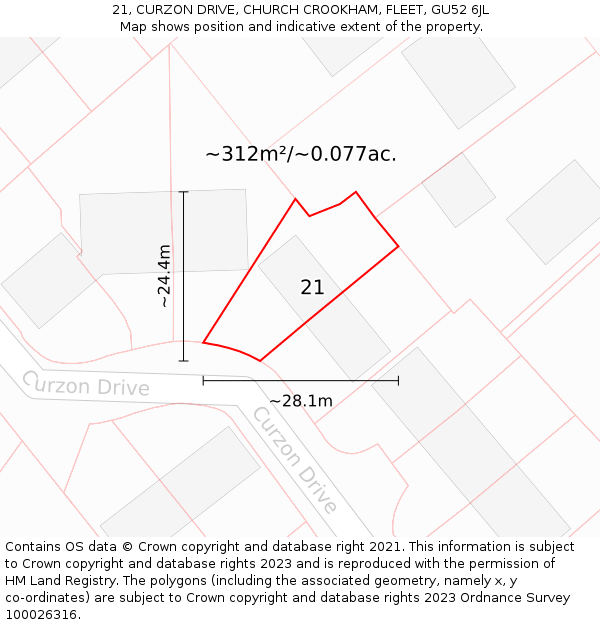 21, CURZON DRIVE, CHURCH CROOKHAM, FLEET, GU52 6JL: Plot and title map