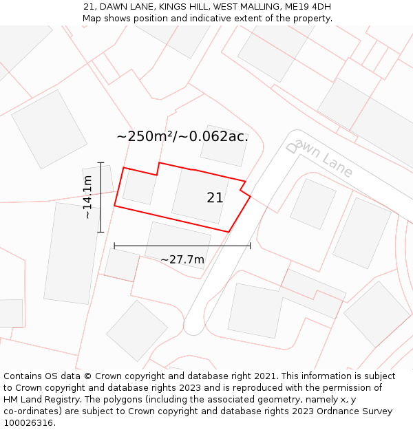 21, DAWN LANE, KINGS HILL, WEST MALLING, ME19 4DH: Plot and title map