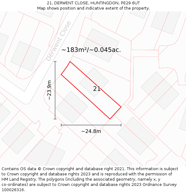 21, DERWENT CLOSE, HUNTINGDON, PE29 6UT: Plot and title map