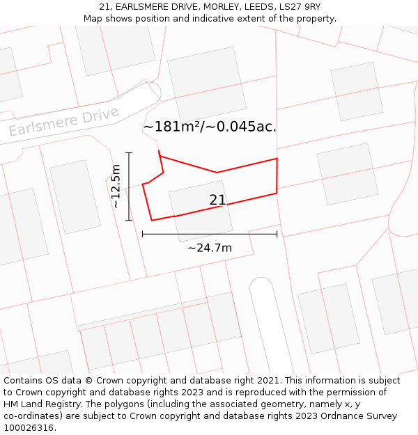 21, EARLSMERE DRIVE, MORLEY, LEEDS, LS27 9RY: Plot and title map