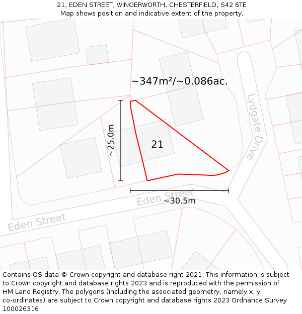 21, EDEN STREET, WINGERWORTH, CHESTERFIELD, S42 6TE: Plot and title map