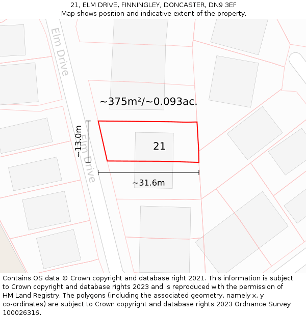 21, ELM DRIVE, FINNINGLEY, DONCASTER, DN9 3EF: Plot and title map