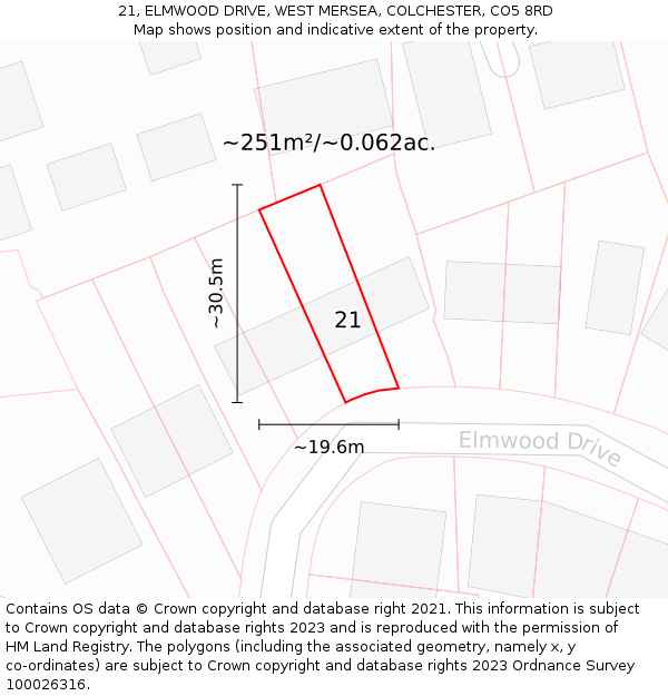 21, ELMWOOD DRIVE, WEST MERSEA, COLCHESTER, CO5 8RD: Plot and title map