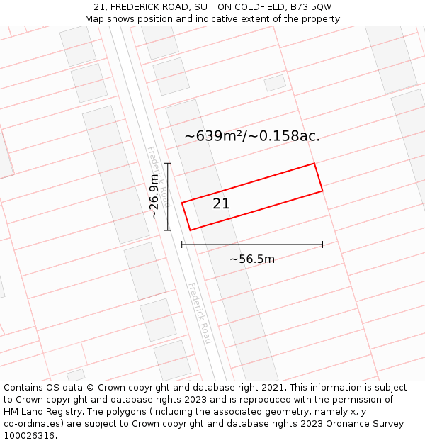 21, FREDERICK ROAD, SUTTON COLDFIELD, B73 5QW: Plot and title map