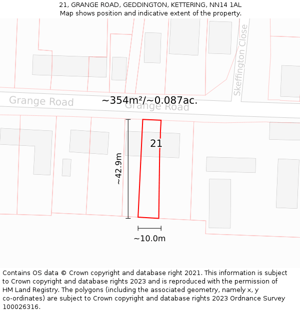 21, GRANGE ROAD, GEDDINGTON, KETTERING, NN14 1AL: Plot and title map
