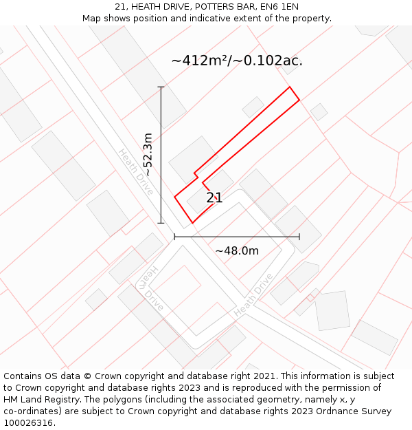 21, HEATH DRIVE, POTTERS BAR, EN6 1EN: Plot and title map